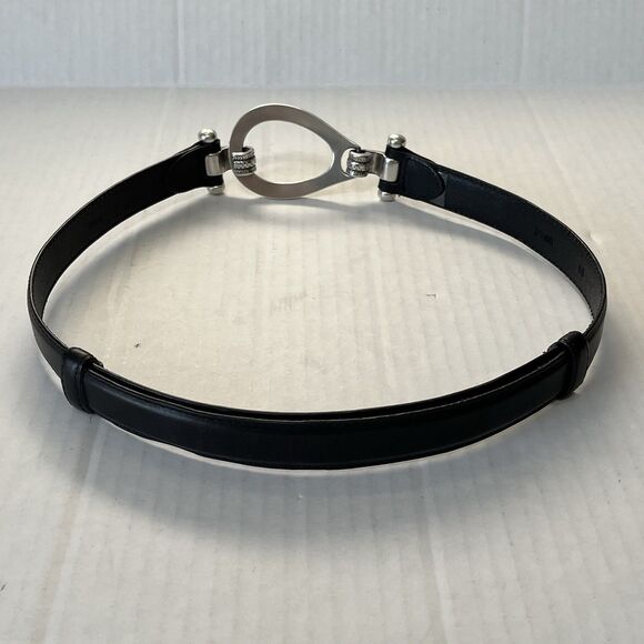 Womens Belt Size M/L Black Leather Silver Tone Hook & Oval Loop 90s Y2K main image 14
